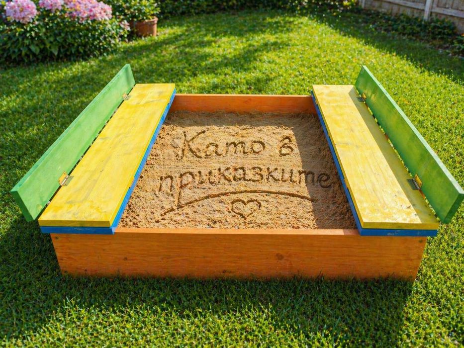 Детски пясъчник с пейки и капак; Дървен пясъчник; Цветни пясъчници