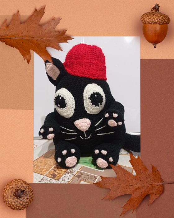 Игрушка ручной работы чёрный котик рост 25 см