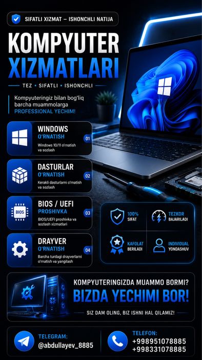 Kompyuter windows driver proshivka programma qilish xizmati