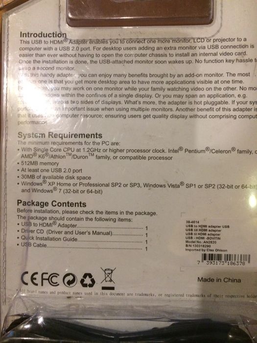 Usb to hdmi adaptor