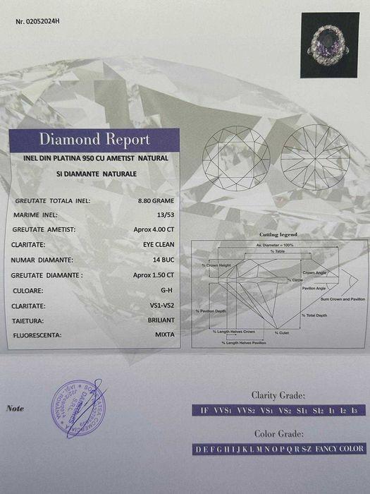 INEL PLATINA 950 + AMETIST = 4CT + 14 DIAMANTE = 1.50CT - G - VS1 !