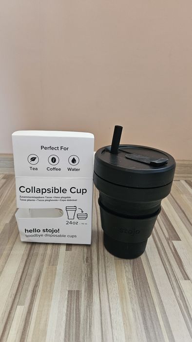 Нова сгъваема чаша Stojo (24 oz) от Платинен медицински LFGB Силикон – Черна