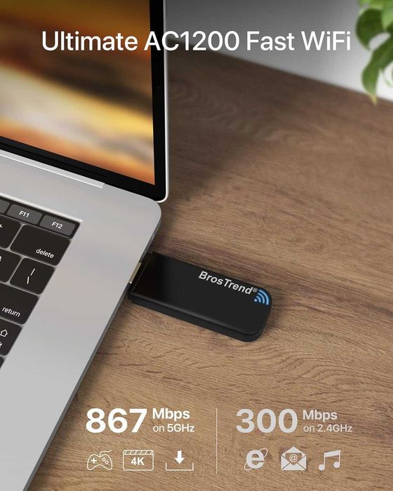 Adaptor de retea USB WiFi BrosTrend 1200Mbps; Dual Band 5 GHz/2.4 GHz; pentru desktop, laptop, Windows 11/10/8/7, USB 3.0