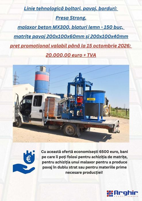 Promotie linie de productie pavaj, borduri, presa pavele, malaxor beton