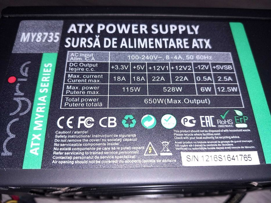 Sursa Gaming Myria MY8735, 650W, 2 x 6+2 Pini ptr alim Pci-e