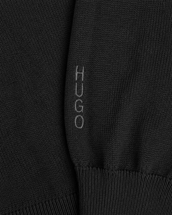 Pulover HUGO Hugo Boss bărbați negru, 100% lână virgină, decolteu V, logo HUGO brodat pe mânecă, mărimea L