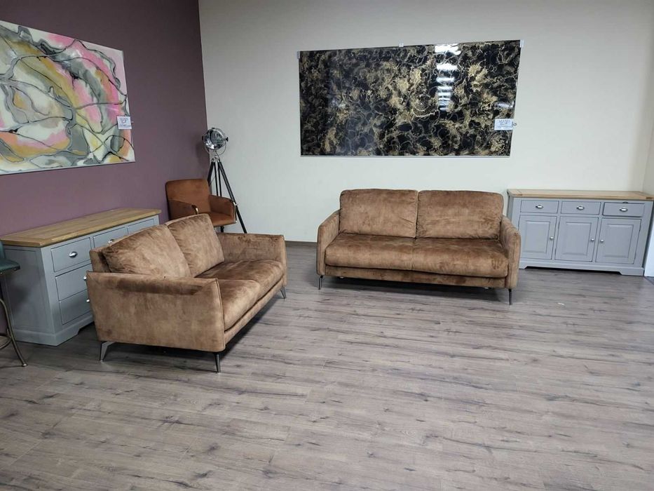 Дизайнерски кафяв комплект дивани от плат кадифе тройка и двойка