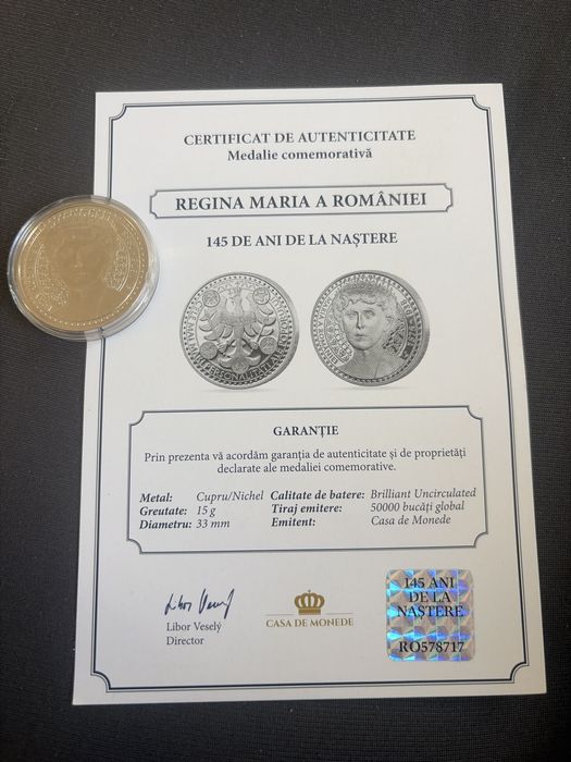 Moneda De colectie Romaneasca cu certificat,Regina Maria