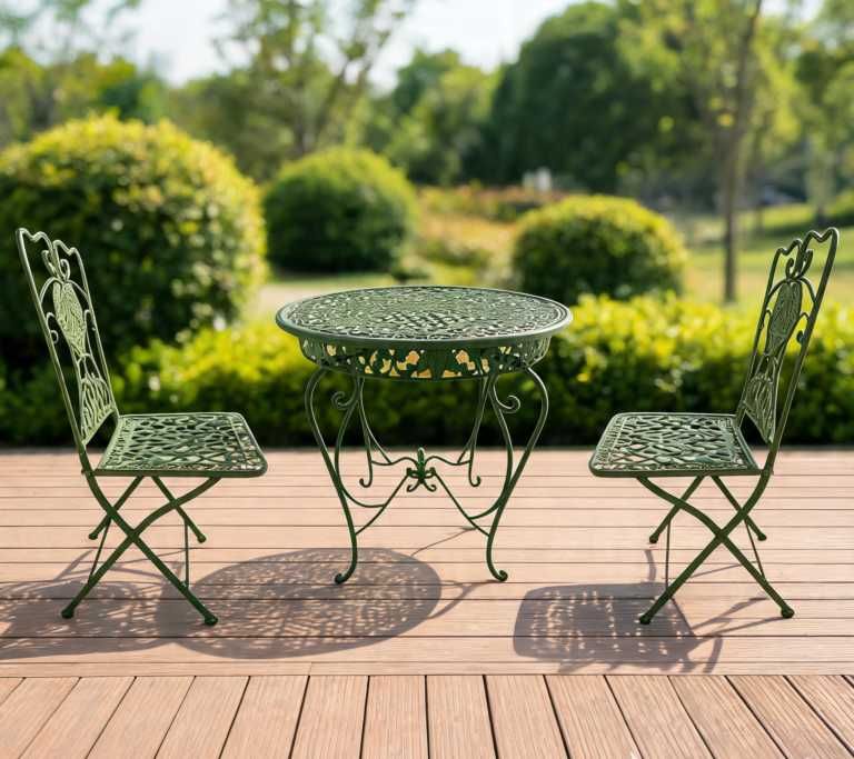 set masa si scaune de gradina, 2 scaune si o masa, fier forjat, verde