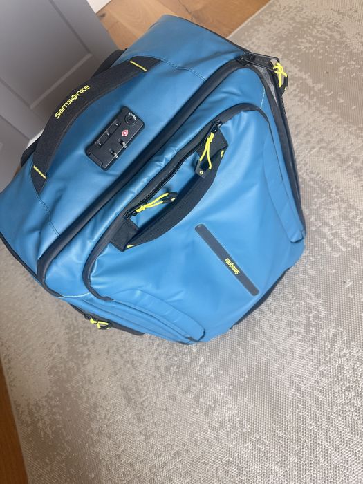 Samsonite Ecodiver Duffle 55cm in dark teal blue with lime accents.