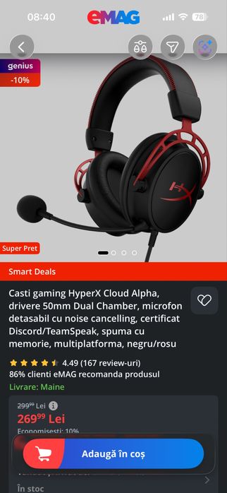 Casti gaming HyperX Cloud Alpha, drivere 50mm Dual Chamber, microfon detasabil