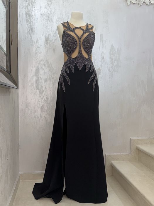 Луксозна черна рокля с камъни и цепка официална бална S M  L