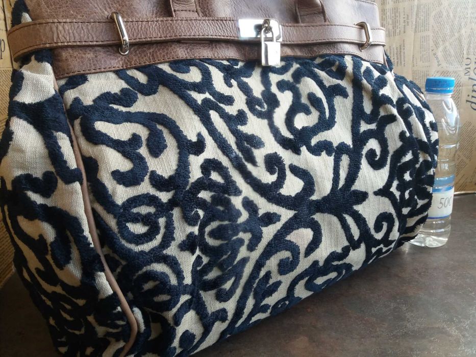 дамска чанта,голяма текстилна чанта с кожени дръжки-естествена кожа