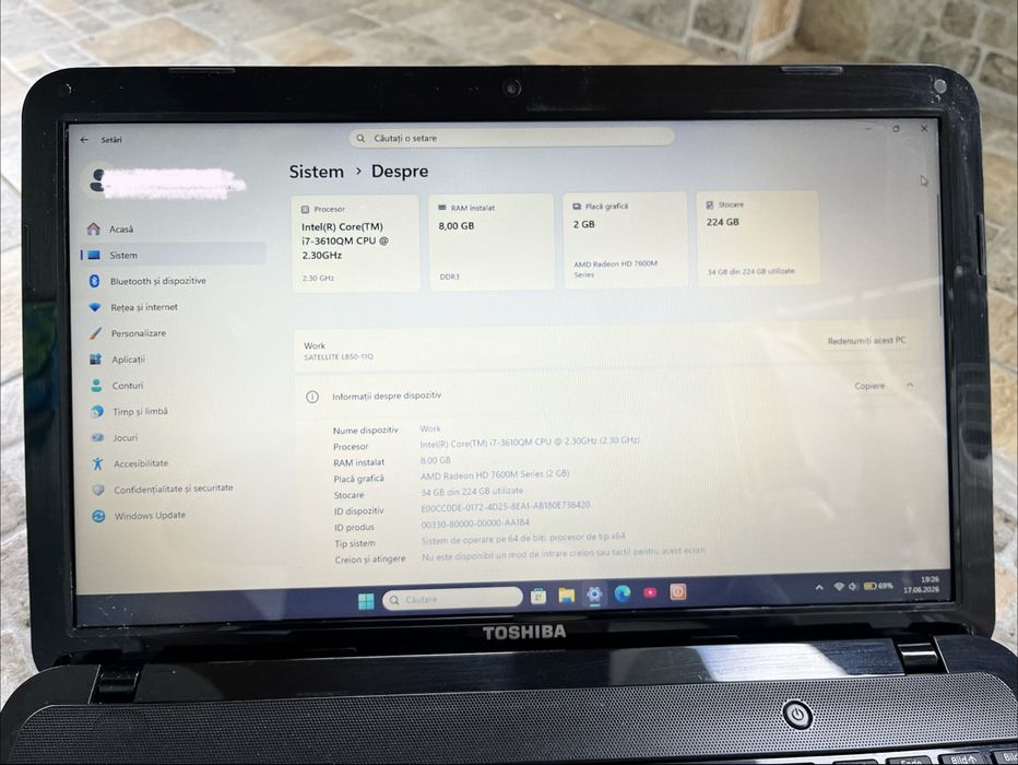 Laptop Toshiba SATELLITE  L850 cu procesor i7 3610QM, 8 gb RAM