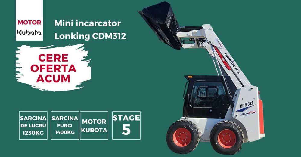 NOU! Mini Incarcator Lonking 1230 kg - 72CP Motor Kubota, Joystick, AC