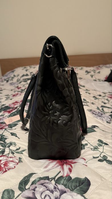 Елегантна голяма дамска чанта от естествена кожа, цвят: тъмно зелено