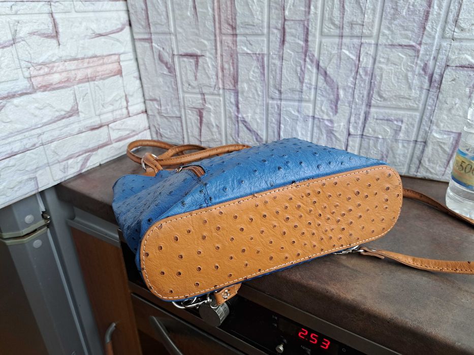 дамска чанта,раница,синя,кожена-естествена кожа