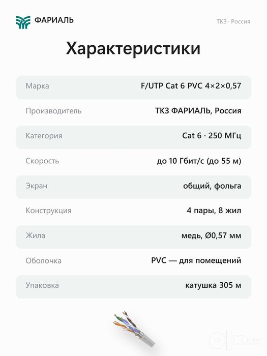 Кабель витая пара F/UTP Cat 6 PVC 4x2x0,57 ТКЗ ФАРИАЛЬ, 305 м