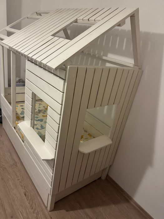Pat Căsuță Copii Lemn Masiv, Alb, cu Spațiu de Joacă și Depozitare