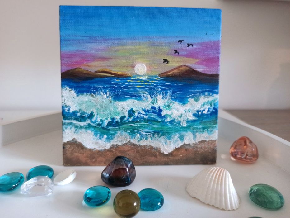 Apus peste valuri – mini tablou acrilic original