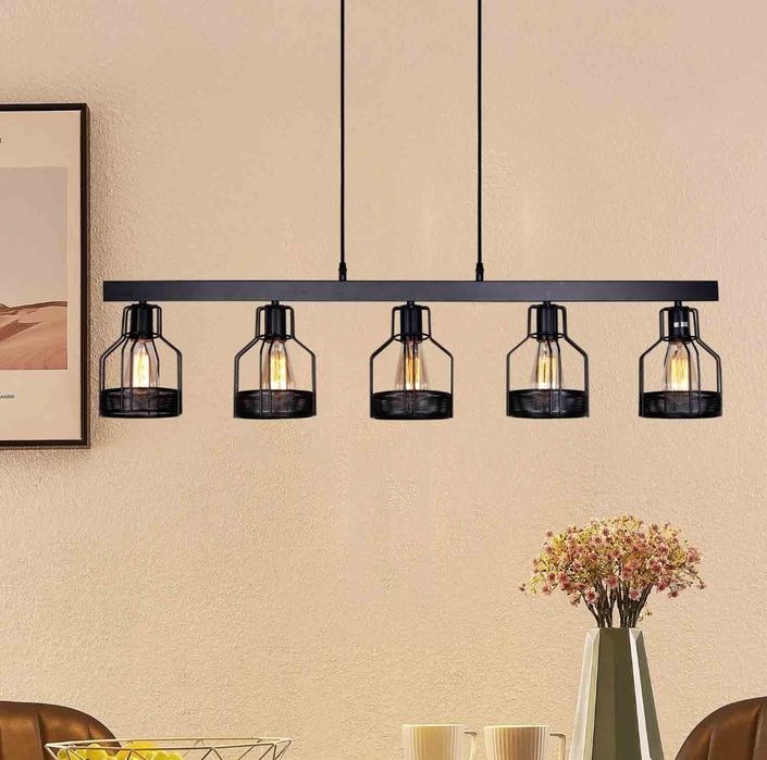 Висящ винтидж черен метален полилей 115 см. пет фасунги Е27