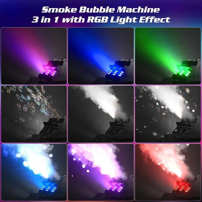 Dispozitiv de bule cu fum greu de 1500 W și telecomandă, 18 LED-uri RGB, compatibilitate DMX512, control independent al funcțiilor de fum și bule