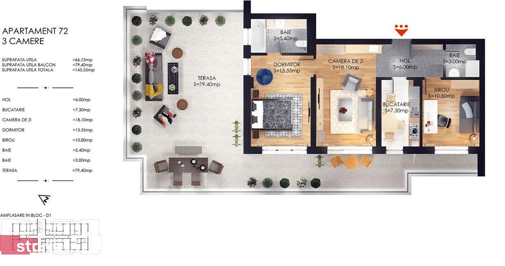 Apartament 3 camere cu terasa , Cartierul Solar, parc Tudor Arghezi — fotografia 3