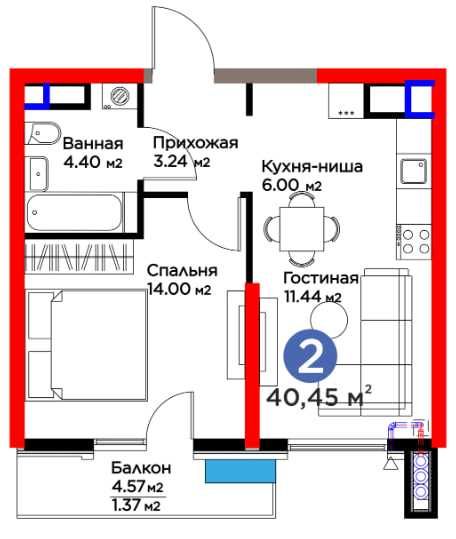 1-к в Яшнабаде 40,45 м²-  спеццена 57 100 у.е., рассрочка\ипотека (XS)