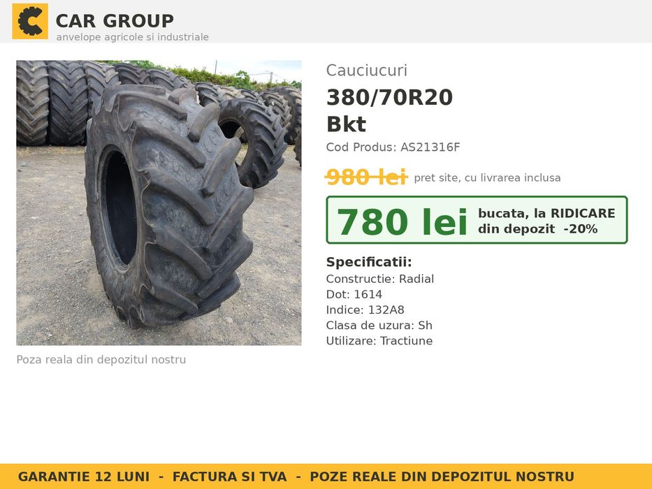 Cauciucuri Anvelope 380/70R20 380/70 R20 380/70-20 3807020 Bkt Buldo Miniincarcator si Industrial Utilaje Agricole SH Second Hand STOC REAL Pret Bun