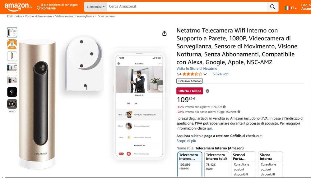 Cameră Wi-Fi interioară Netatmo, 1080P compatibilă cu Alexa, Apple