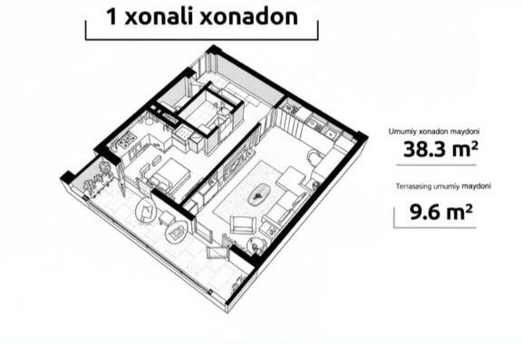 Продаётся квартира 1-ком Хонсарой ЖК Orzular 6-этаж