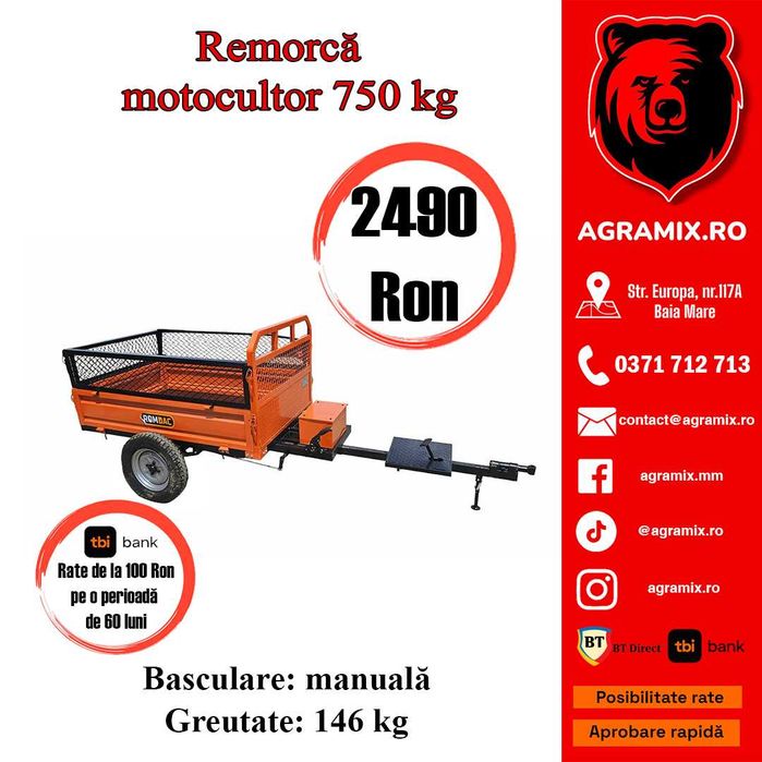 Remorca motocultor noua 450 kg  Agramix