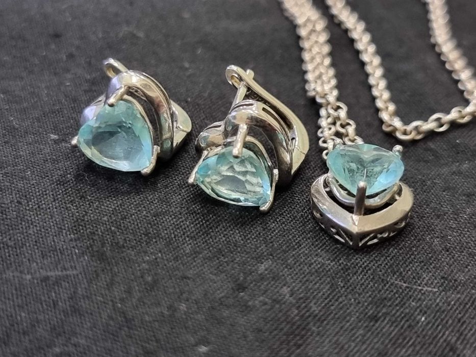 Сребърни бижута, комплект синджир, висулка и обеци,