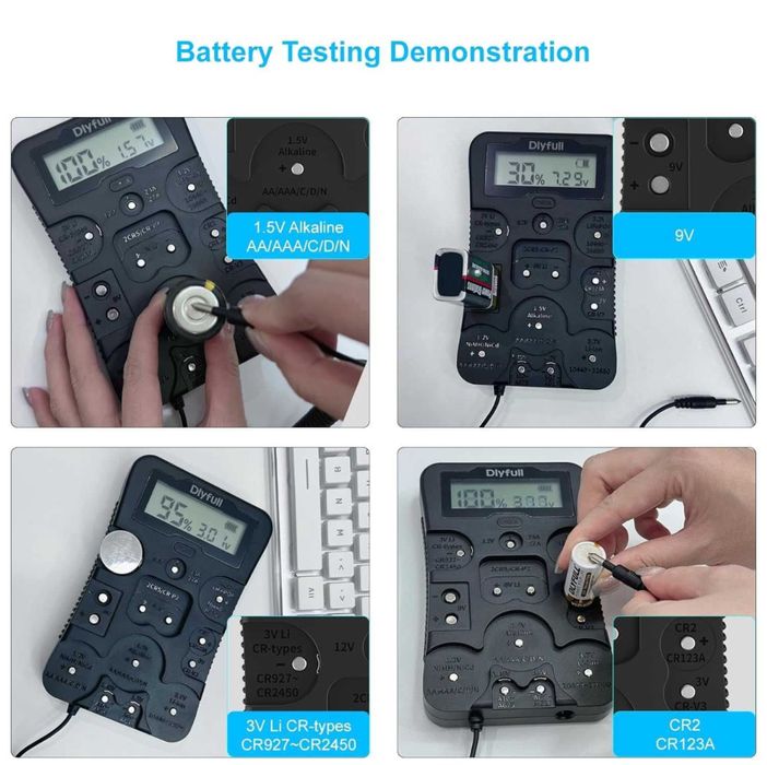 Tester baterii Dlyfull B4,verificator universal cu afișaj LCD Ni-MH, Ni-CD, Li-ion, Alk și LiFe04 (celule AA AAA C D 9V 12V 18650 CR123A 2CR5 CR2032)