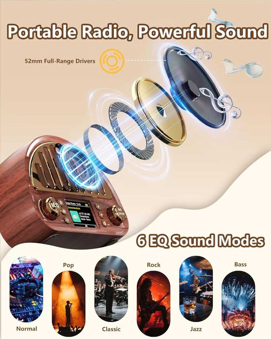 Винтидж DAB+/FM цифрово радио с Bluetooth, ретро преносимо, 3000mAh