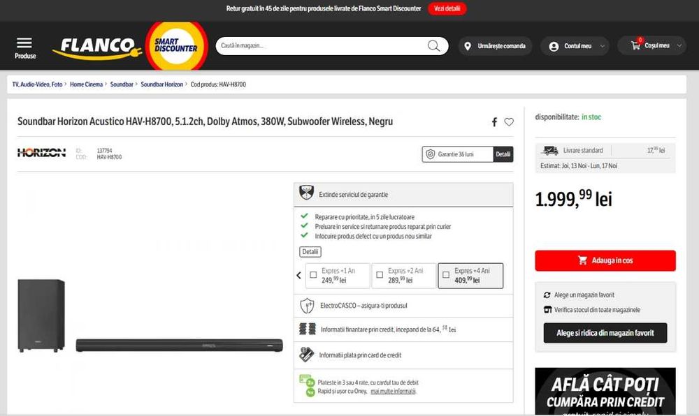 Sistem de sunet soundbar Horizon HAV-H8700, Dolby Atmos, 380W, sigilat