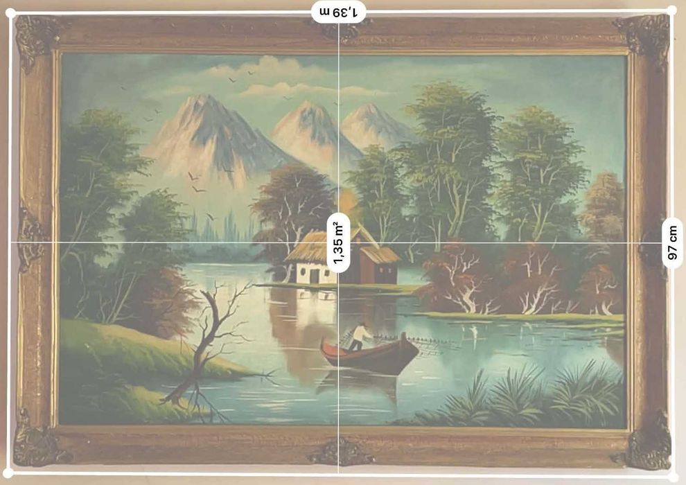Tablou monumental peisaj montan cu lac (pictură în ulei) și ramă masivă aurie – 140x97 cm