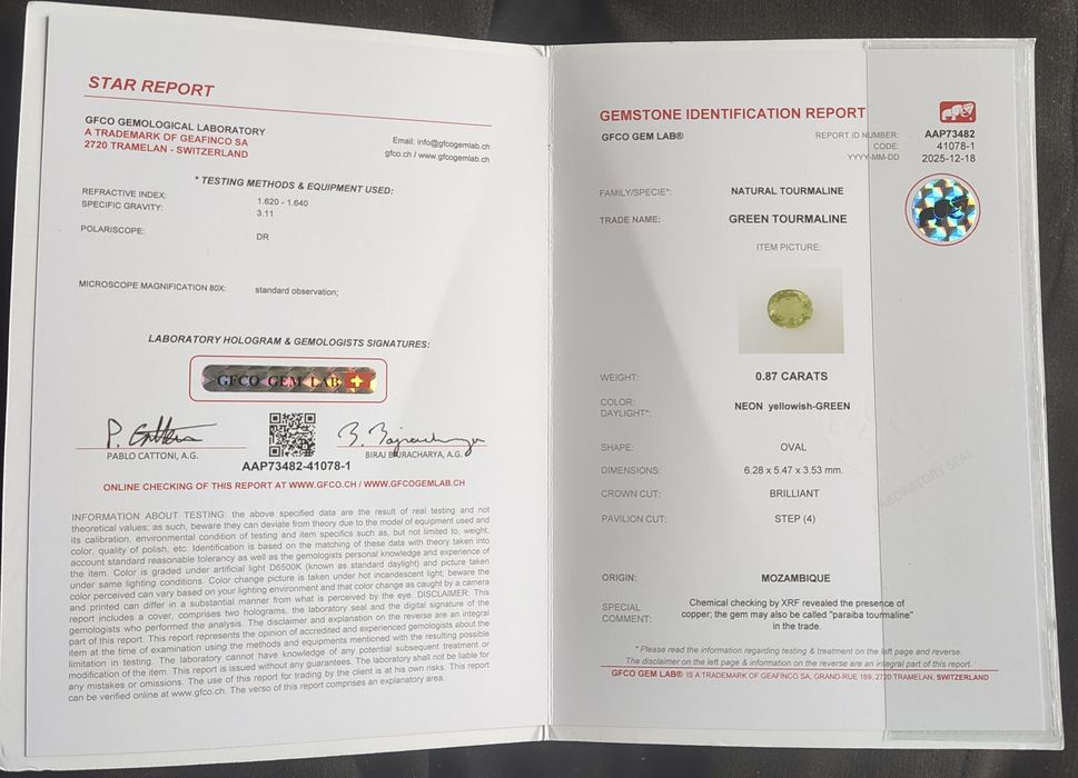 Турмалин Параиба VS с швейцарски сертификат