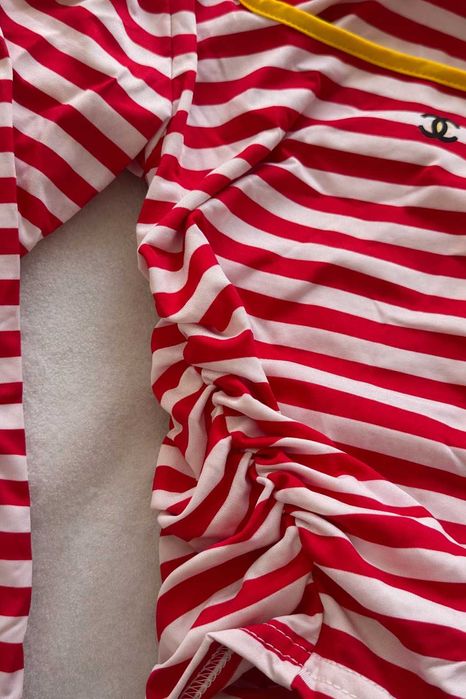 блуза с дълъг ръкав на шанел червено бяла с райе и двойно лого chanel