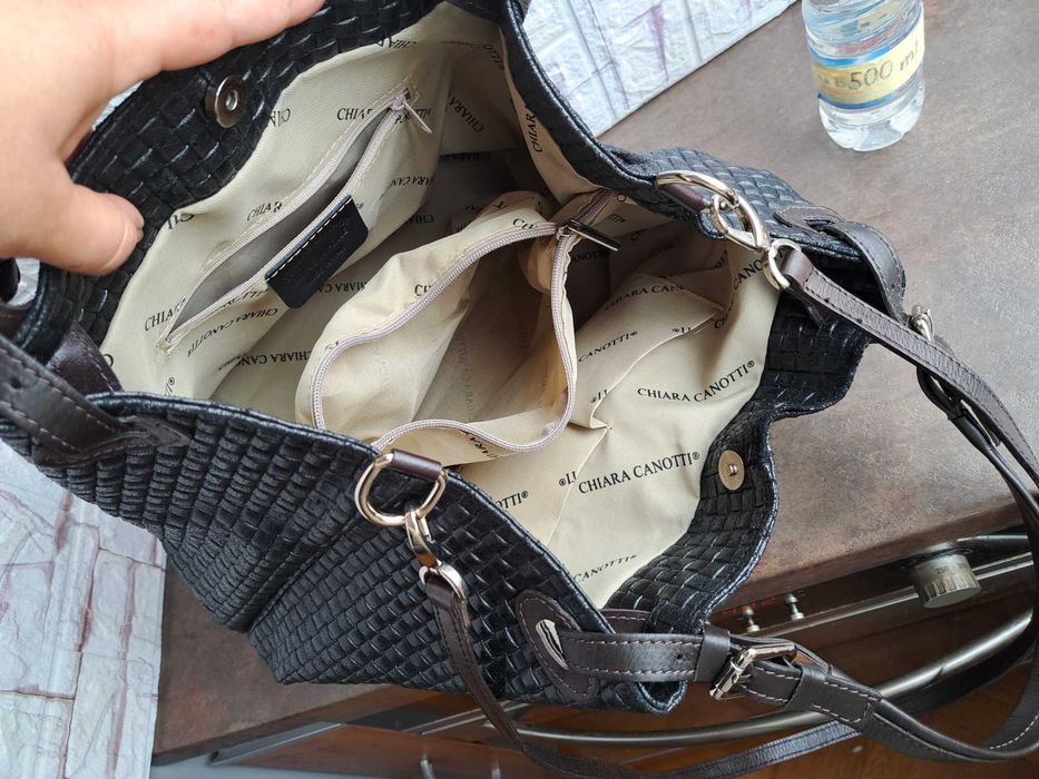 дамска чанта,Chiara Canotti,черна кожена торба-естествена кожа