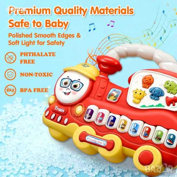 Сензорна музикална играчка червен влак с клавиатура за пиано за малки