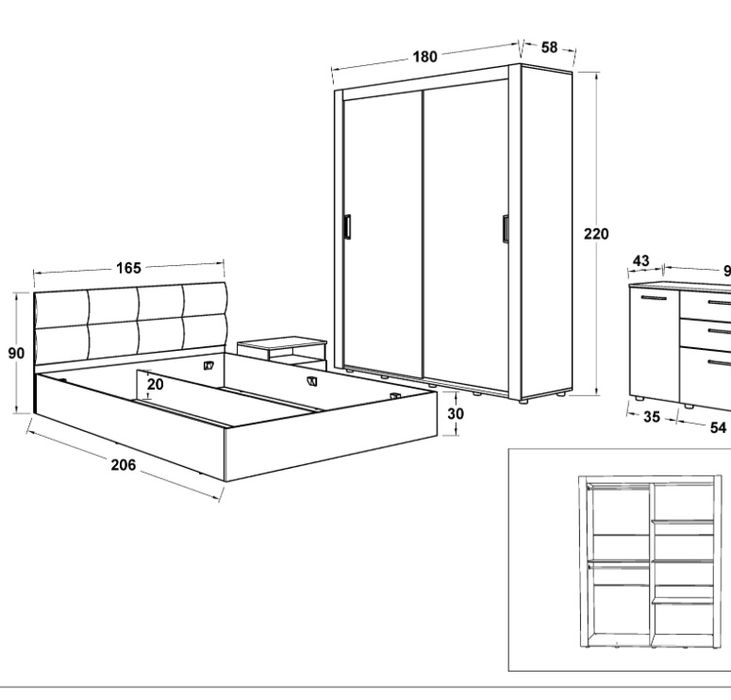 Спален комплект бял гланц – легло с тапицирана табла матрак и гардероб