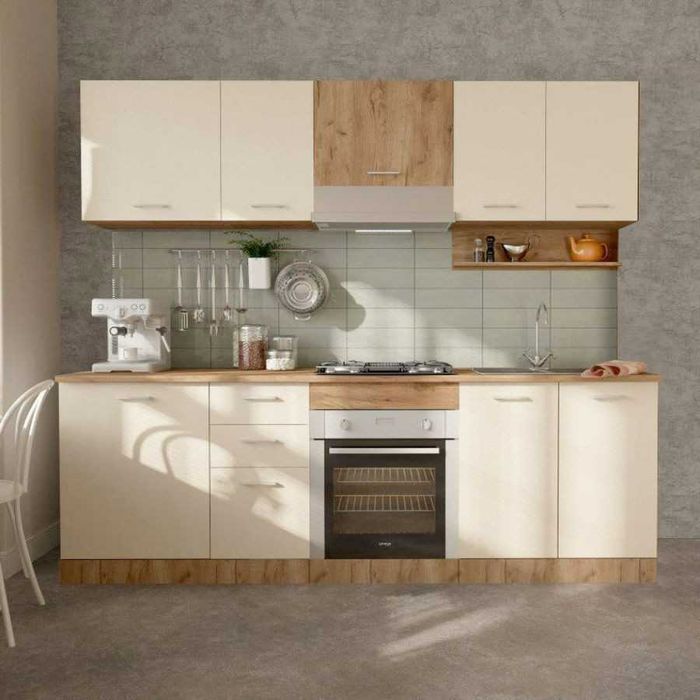 Bucatarie stejar + crem mat, 240 cm