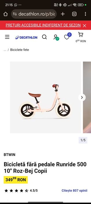 Bicicletă fără pedale Runride 500 10'' Roz-Bej Copii
349