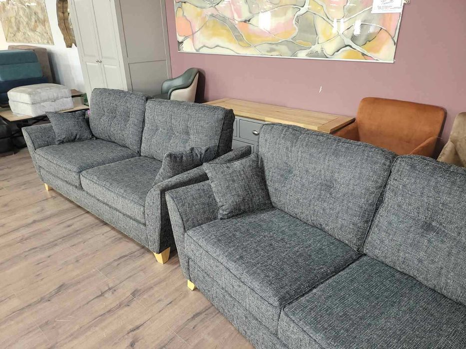 Сив комплект дивани от плат тройка и двойка