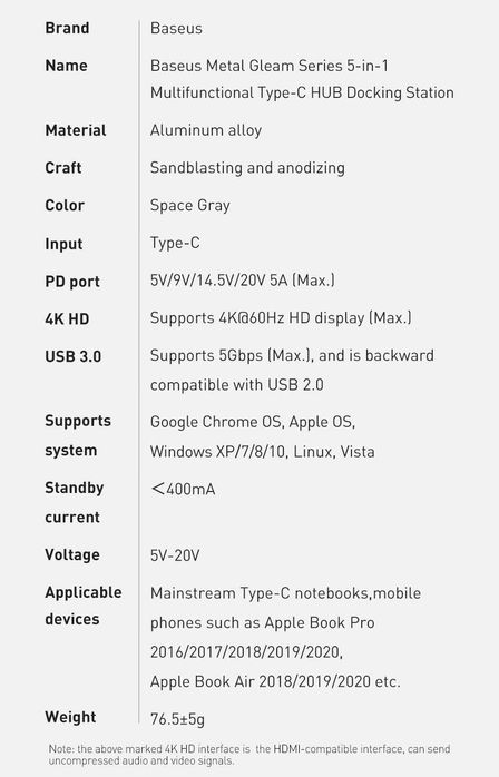 Baseus 5 in 1 Multifunctional Hub 4K-60Hz / PD-100W Metal Gleam Series