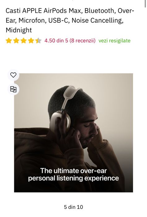 APPLE AirPods Max, Bluetooth, Over-Ear, Microfon, USB-C,  sigilate, transport inclus