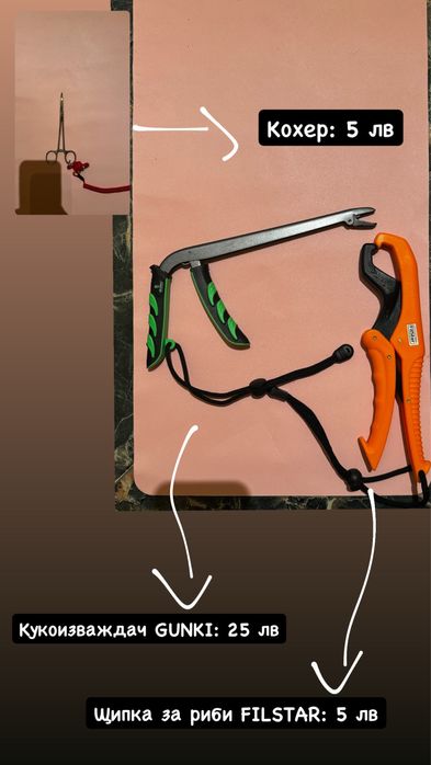 аксесоари за риболов/рибарски принадлежности/кутии, кеп, кохер, куки