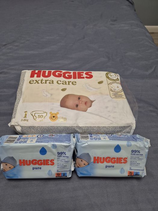 Set scutece Huggies Extra Care nr 1  și șervețele umede Huggies Pure