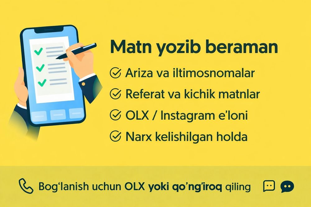 Matn yozib beraman | Ariza, e’lon, referat | Tez va arzon